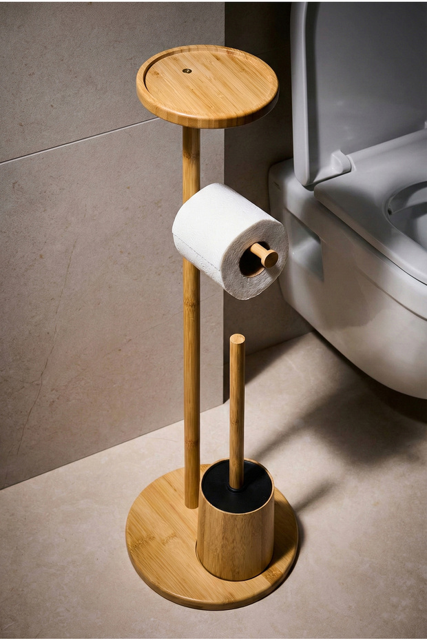 Soho Bamboo Pedestal Toilet Brush and Paper Holder Set