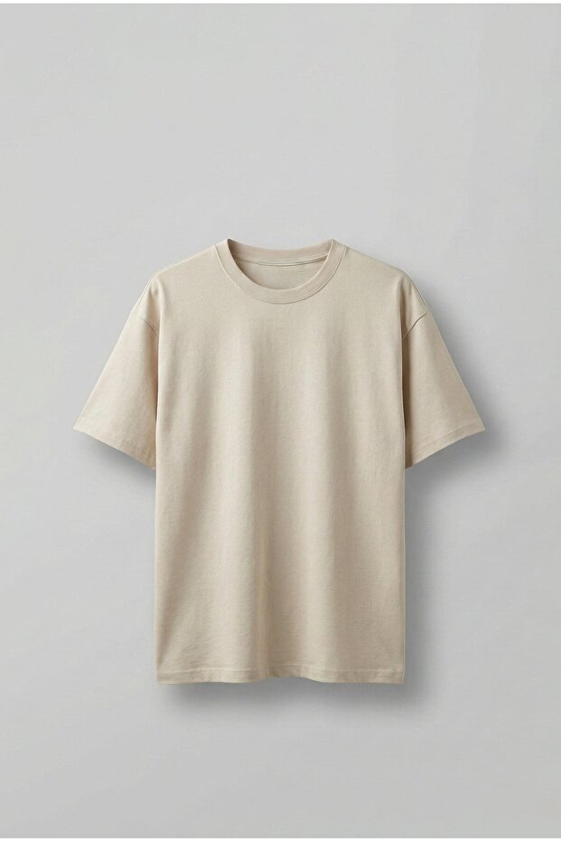 Erkek Oversize Basic T-Shirt Bej - 1