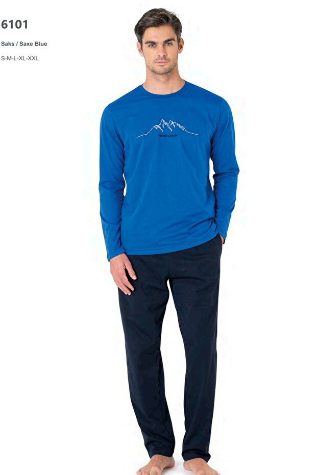 6101 Men's Long Sleeve Crew Neck Pajama Set-Cobalt Blue
