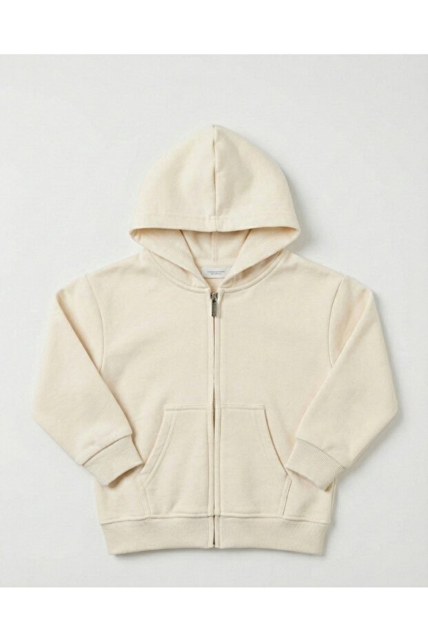 Unisex Kids Ecru Zippered Hooded Sweatshirt - the Most Comfortable Basic Cardigan for School and Everyday