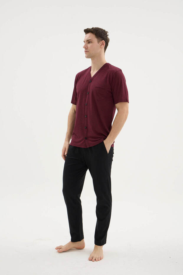 طقم بيجامة رجالي بياقة على شكل V وأزرار طويلة - ملابس خارجية - 8