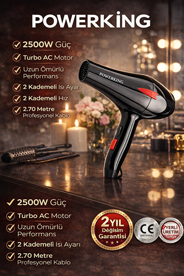 POWERKİNG 2500 WTTProfesyonel Fön Makinesi Kuaförlerin Tercihi 2Yıl Garanti İyonik Saç şekillendirici Hairdrey