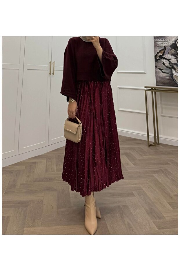 Minik Taşlı Plise Etek - 2