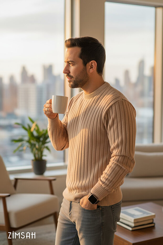 Men's Sweater Knit Sweater Beige Sweater Slim Fit