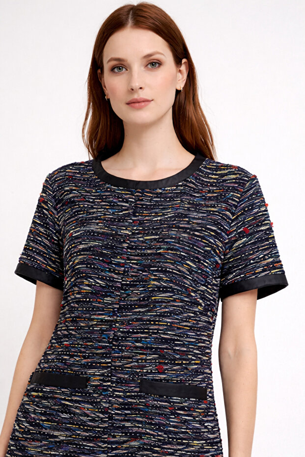 Deri Detaylı Renkli İp Örme Mini Elbise - 2