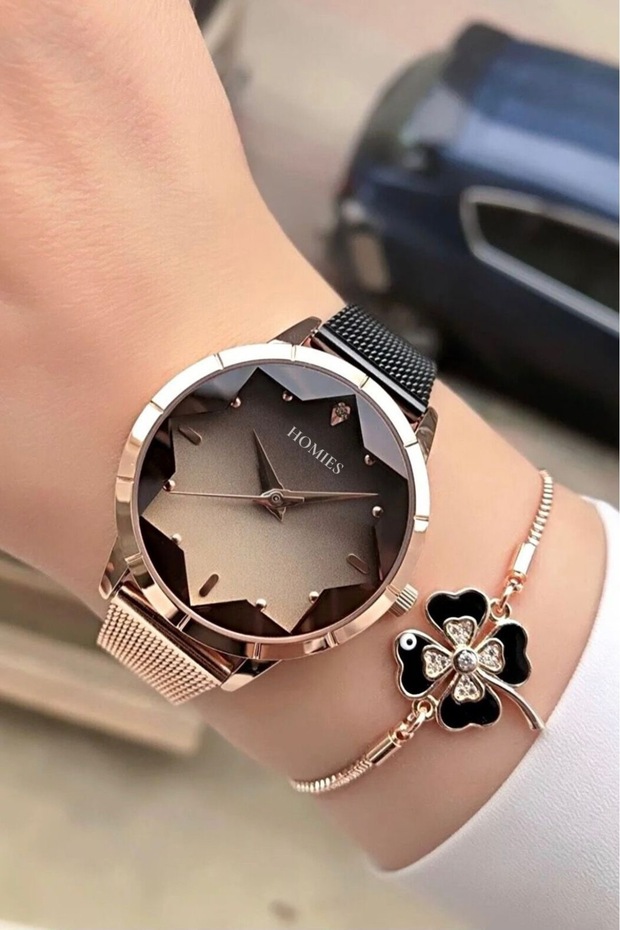 Women's Wristwatch Straw Cord Double Color Cord Black and Rose Gold Bracelet Gift.Hm84722