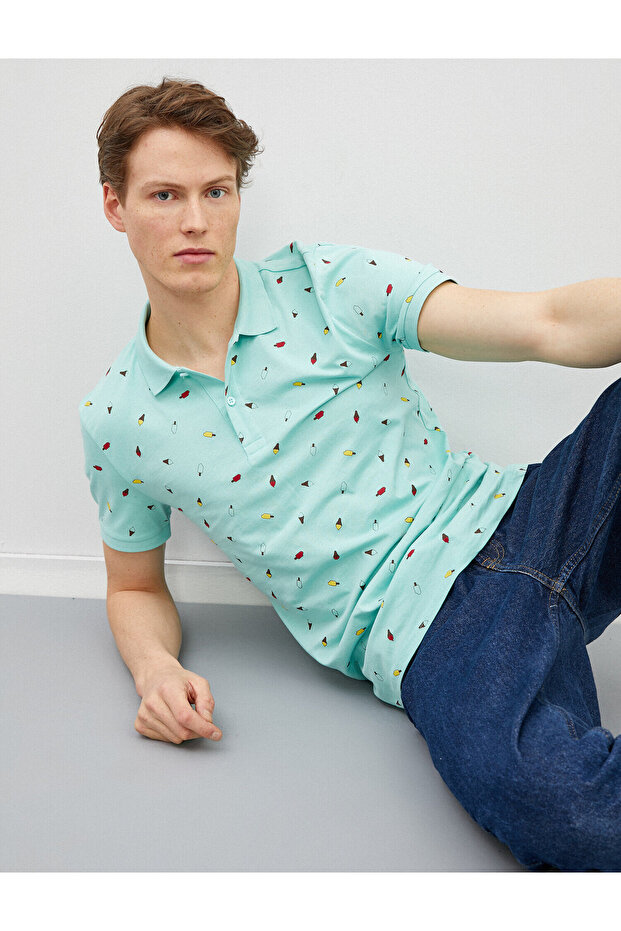 Men's Polo Neck Short Sleeve Printed Cotton T-Shirt