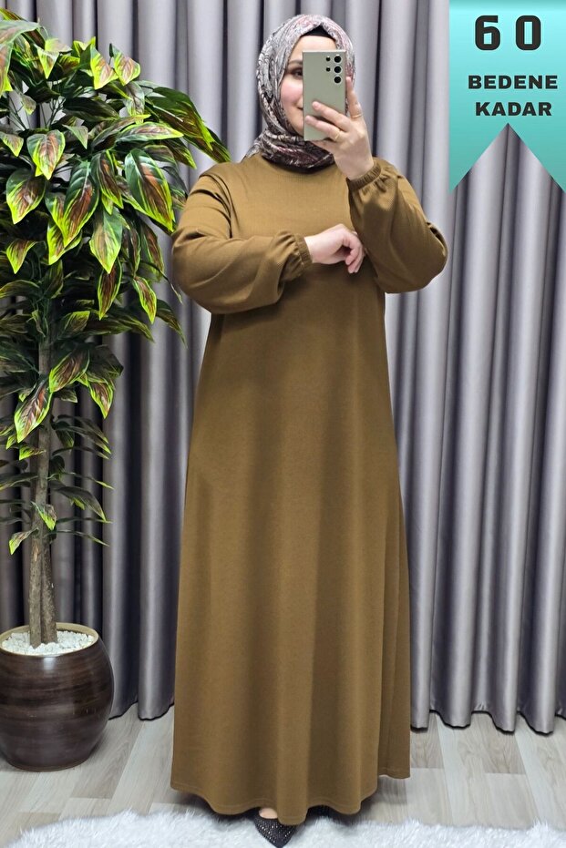 Women's Plus Size Judge Collar Sleeves Gathered Corded Fabric Nevra Dress