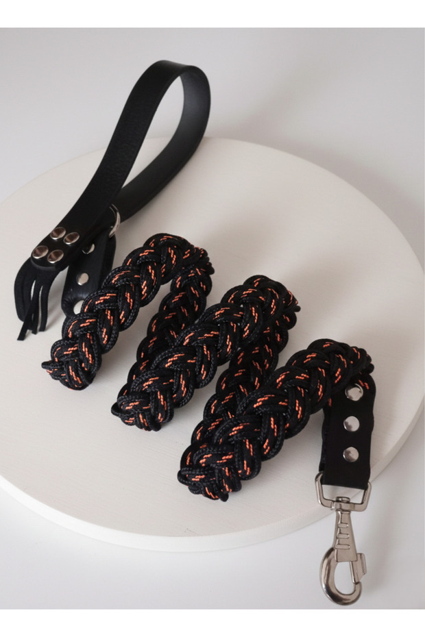 Dog Walking Leash Collar with Leather Handle 9 Layers Hair Weave Floş Rope Dark Orange & Black