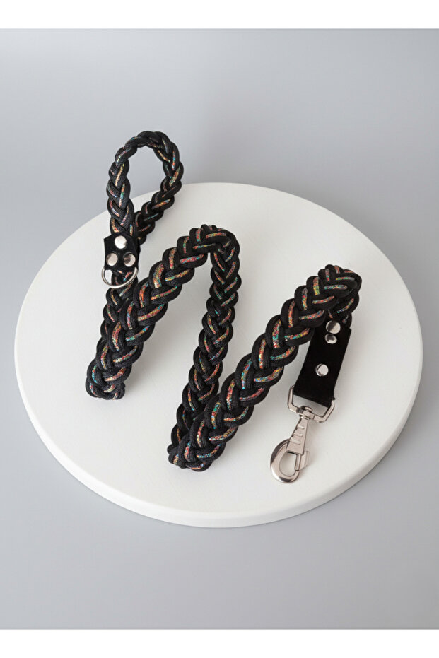 Dog Walking Leash Collar with Leather Handle 9 Layers Hair Weave Floş Rope Black & Silvery