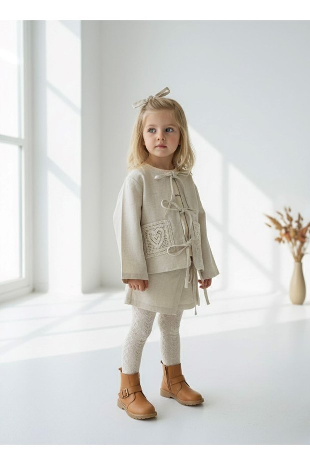 My Little One's Cicileri Natural Style Knitted Pocketed Girls' Shorts 3-Piece Set - Beige