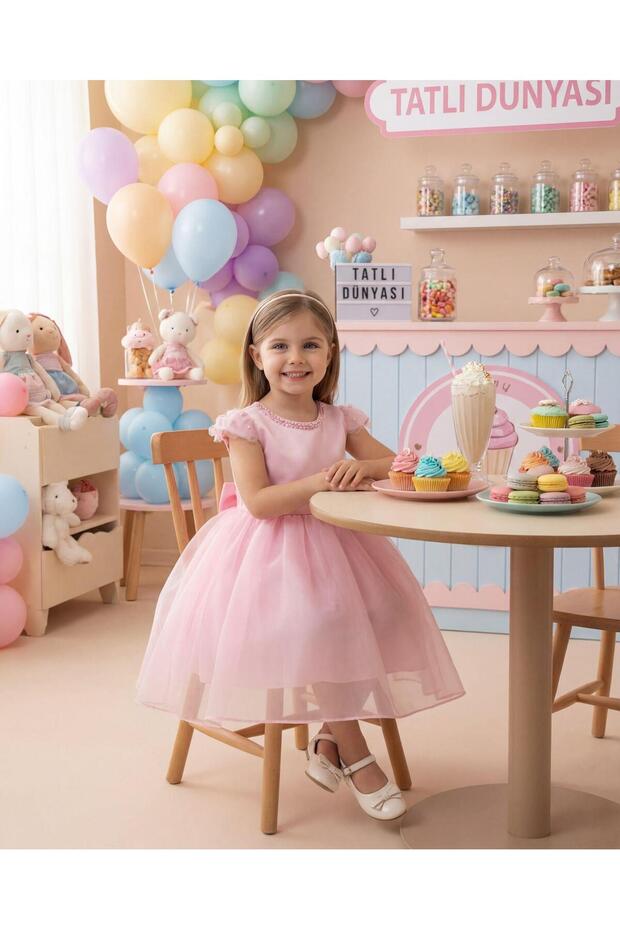 Girl's Stone Collar Detailed Chiffon Evening Dress Pink 2-6 Years Old