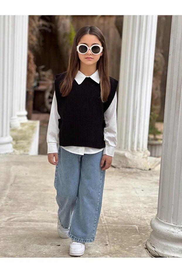 Girl's Denim Pants, Shirt and Side-Tie Knitwear Full-Fit Holiday 3-Piece Set