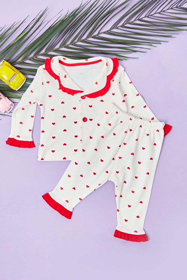 Hearted Corded Fabric Girl's Pajama Set