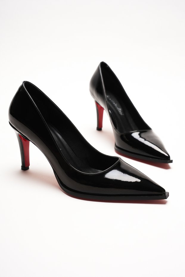 Women's Black Patent Leather Pointed Toe Design Sole Thin Short Heeled Shoes Gronia