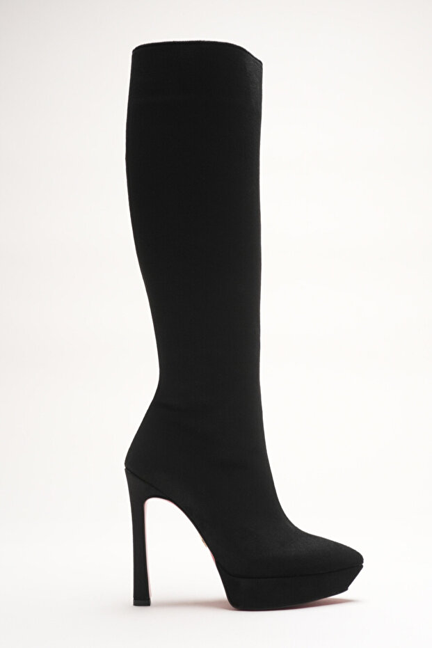 Women's Designer Platform High Heel Boots Carcie Black Cowhide Suede