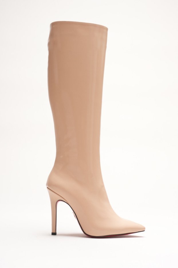 Women's Pointed Toe High Heel Below Knee Boots Limbo Nude Patent Leather