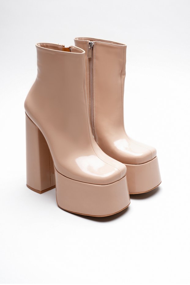Women's Nude Patent Leather Zippered Mid-Heel Platform Heeled Boots Ecosie