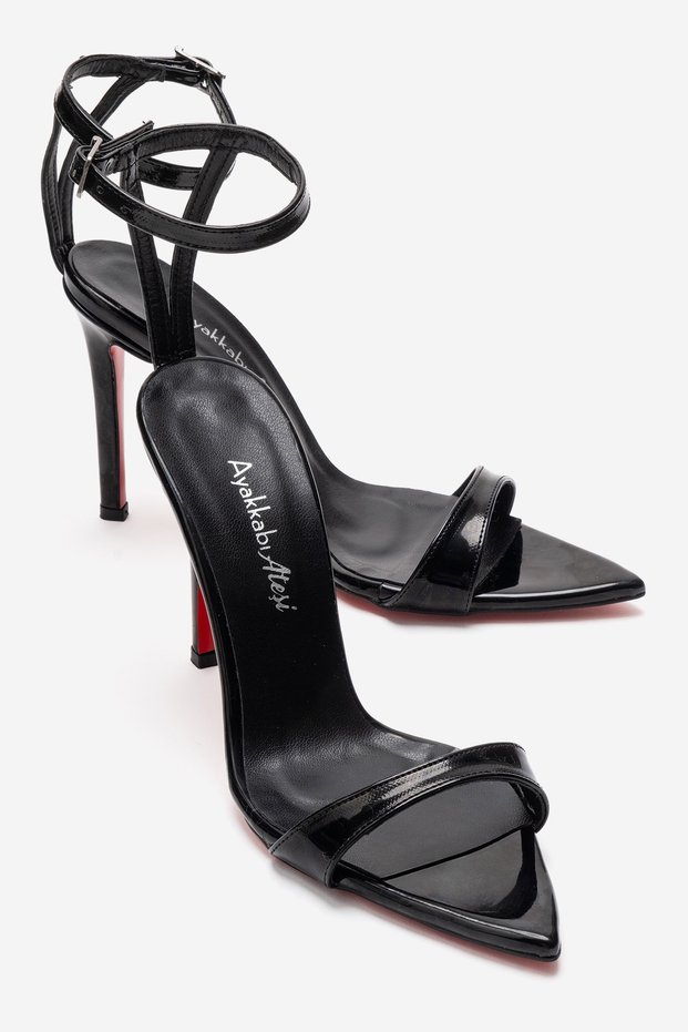 Women's Black Patent Leather Single Strap Pointed Toe Heeled Sandals - Evening Dress Shoes Sanny