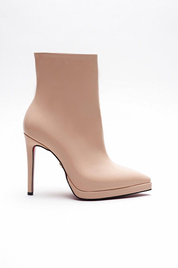 Women's Pointed Toe Thin Heeled Boots Accosie Nude Patent Leather