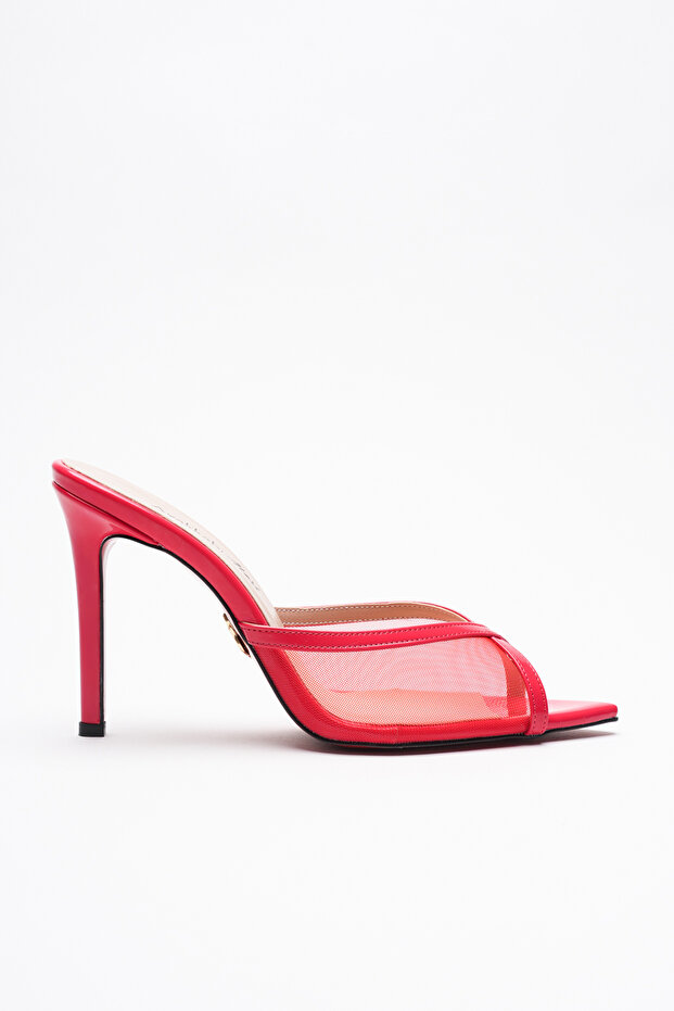 Women's Open Toe Mesh Heeled Slippers Yekta Red Patent Leather
