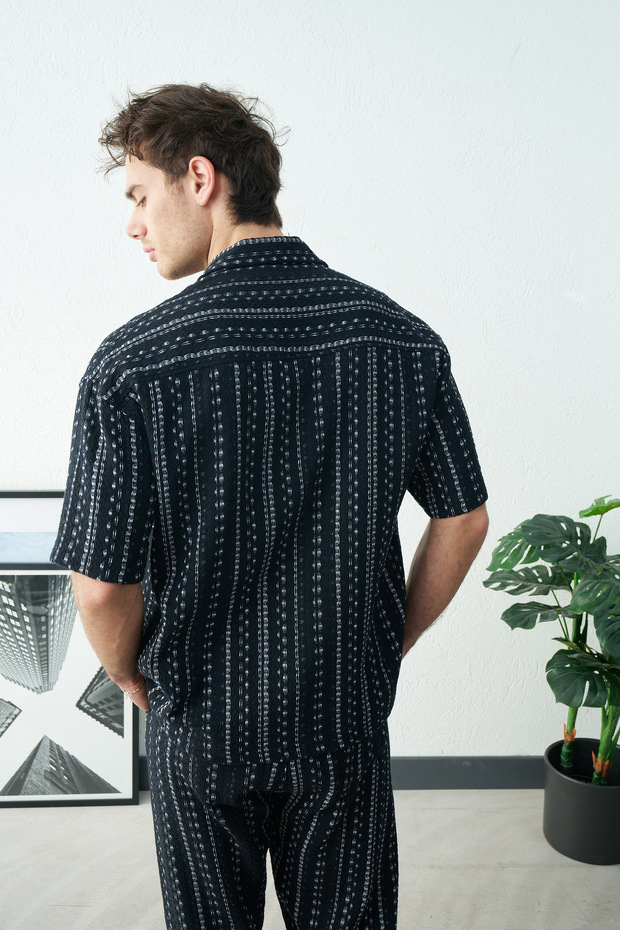 Desenli Siyah Keten Örme Erkek Gömlek - 8