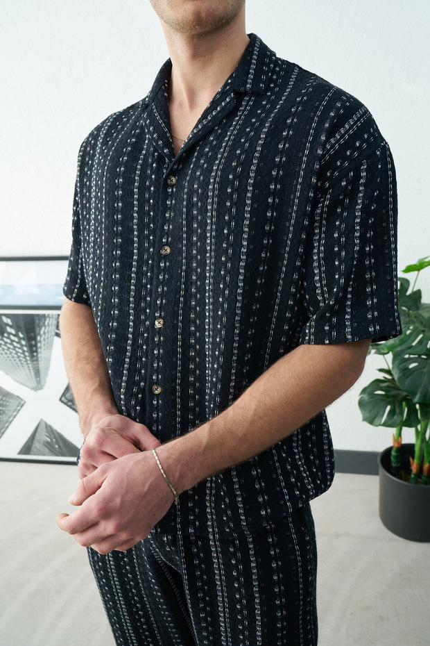 Desenli Siyah Keten Örme Erkek Gömlek - 1