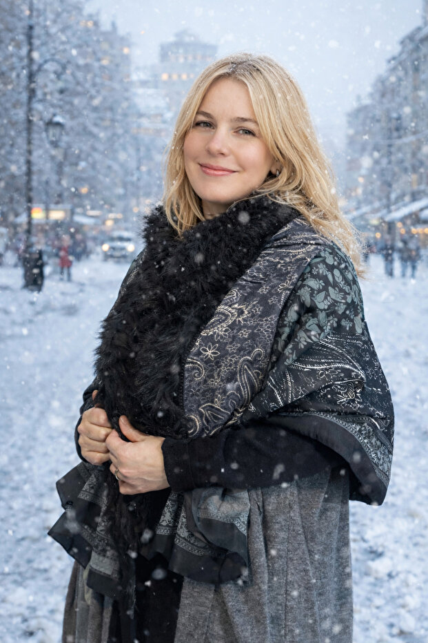 Kürk Detaylı Desenli Kadın Şal - 1