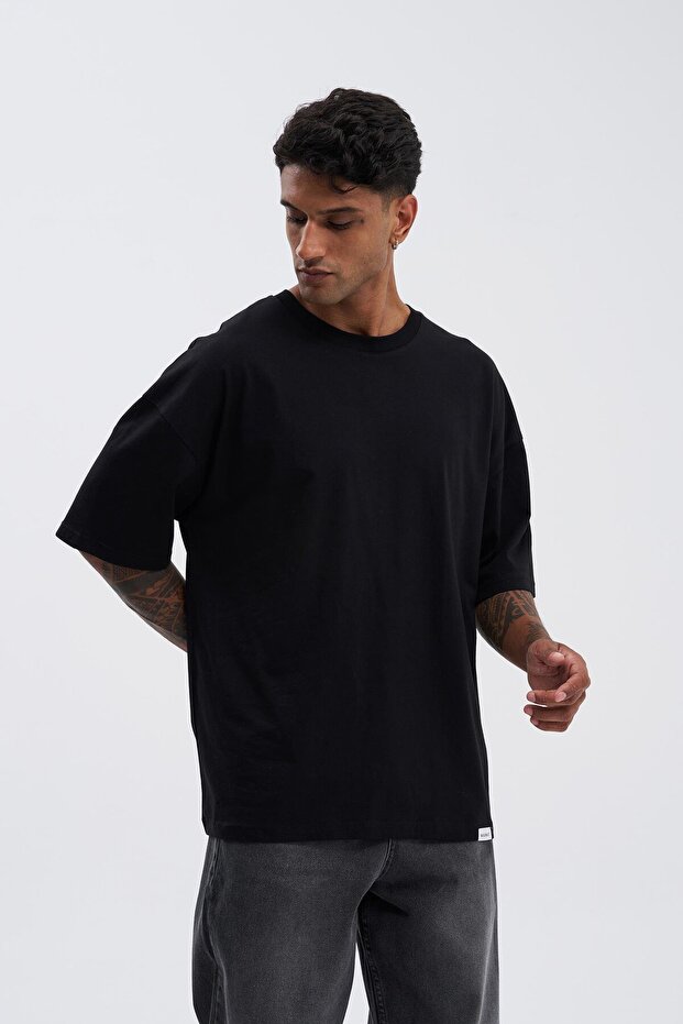Erkek Basic Super Pamuklu Oversize Tişört Siyah - 1