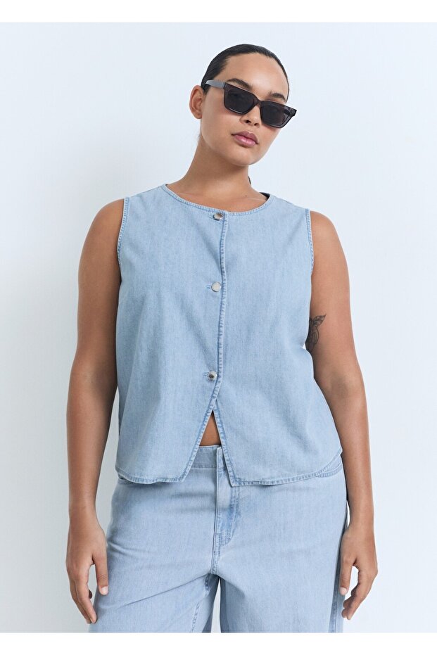 Düğmeli denim yelek - 8