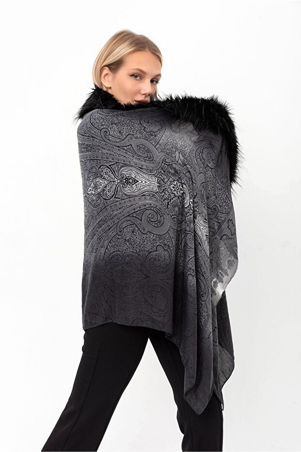 Kürk Detaylı Desenli Kadın Şal - 2