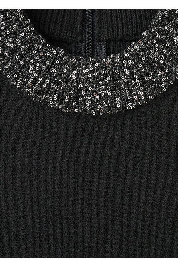 Payetli yaka triko elbise - 8