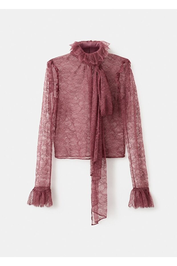 Büzgülü yaka dantel bluz - 3