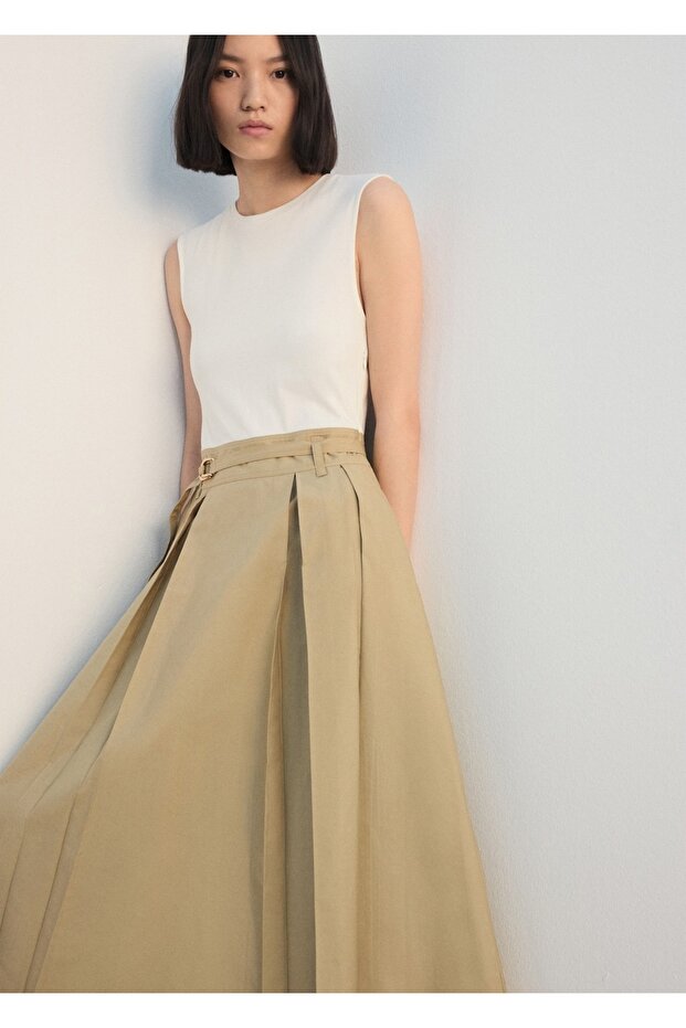 Kemerli flared midi elbise - 7