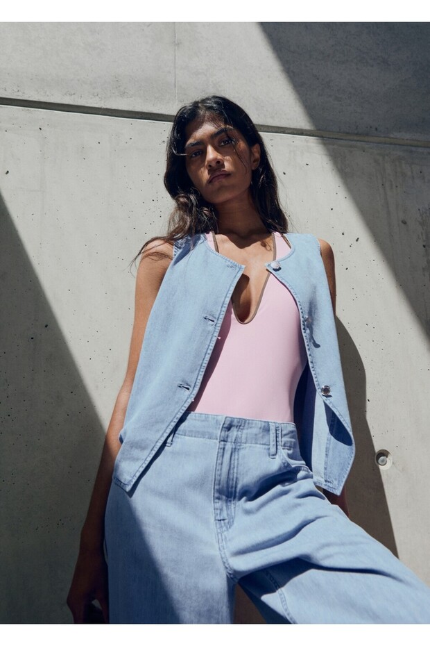 Düğmeli denim yelek - 1