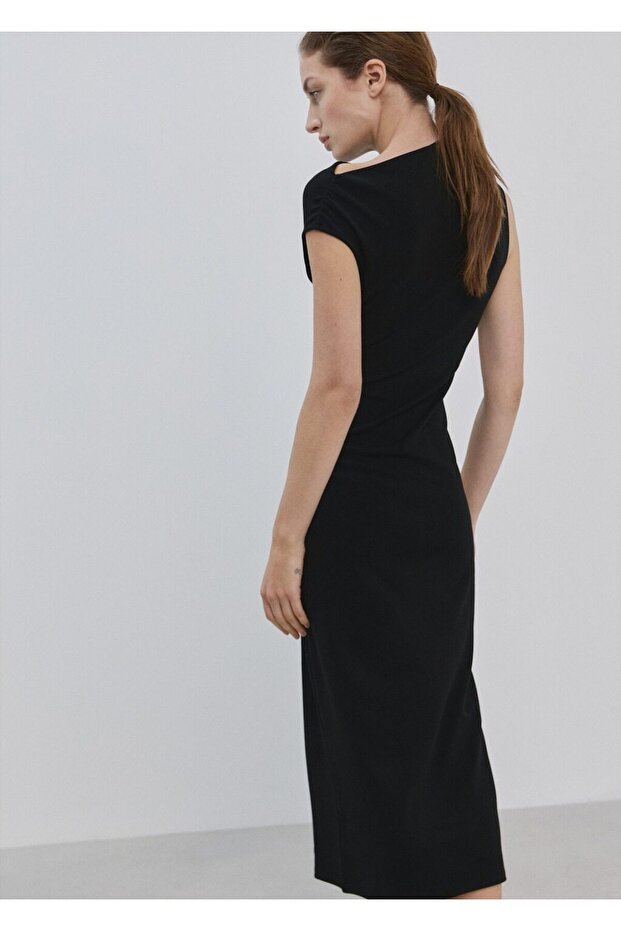 Asimetrik yaka midi elbise - 4