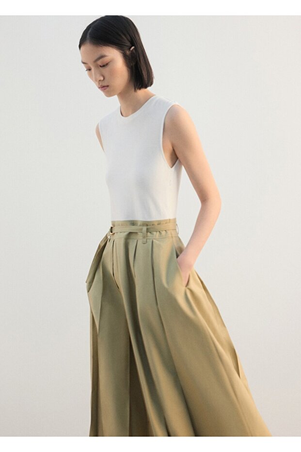 Kemerli flared midi elbise - 1