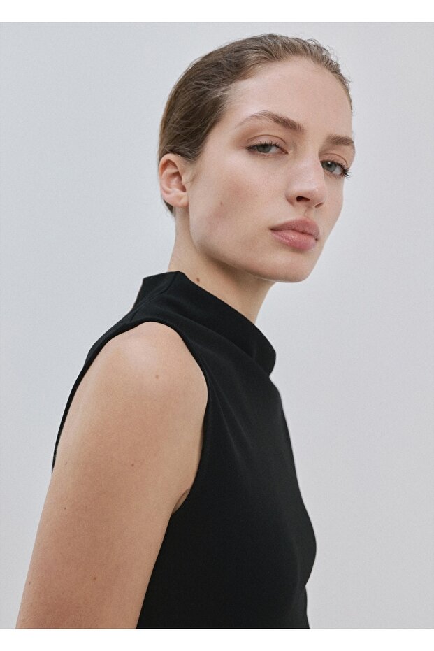 Asimetrik yaka midi elbise - 1