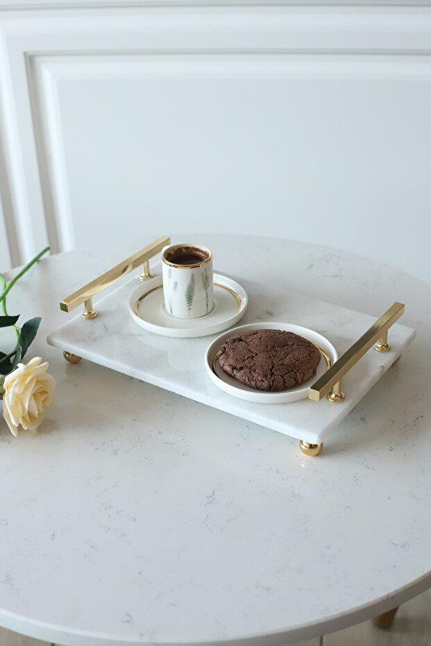 30x19 Cm Florya Marble White Gold Bead Tray - Engagement Promise and Cheese Plate
