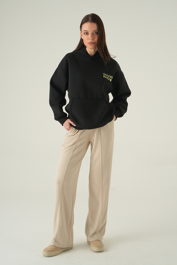 cu glugă Sweat negru cu text brodat 0308 - 3