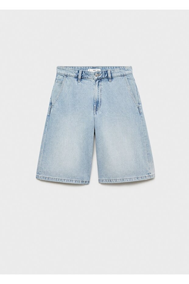 Düz denim Bermuda şort - 3