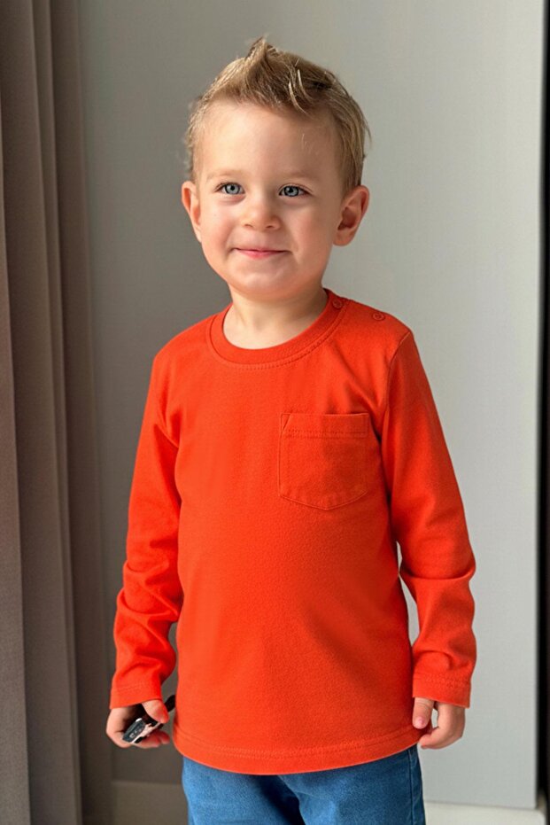 Baby Boy Long Sleeve T-Shirt with Pockets 9 Months-3 Years, Orange
