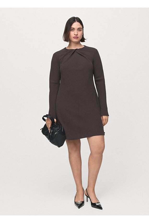 Drape yaka uzun kollu elbise - 7