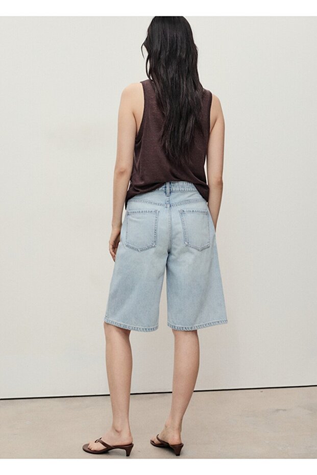Düz denim Bermuda şort - 4