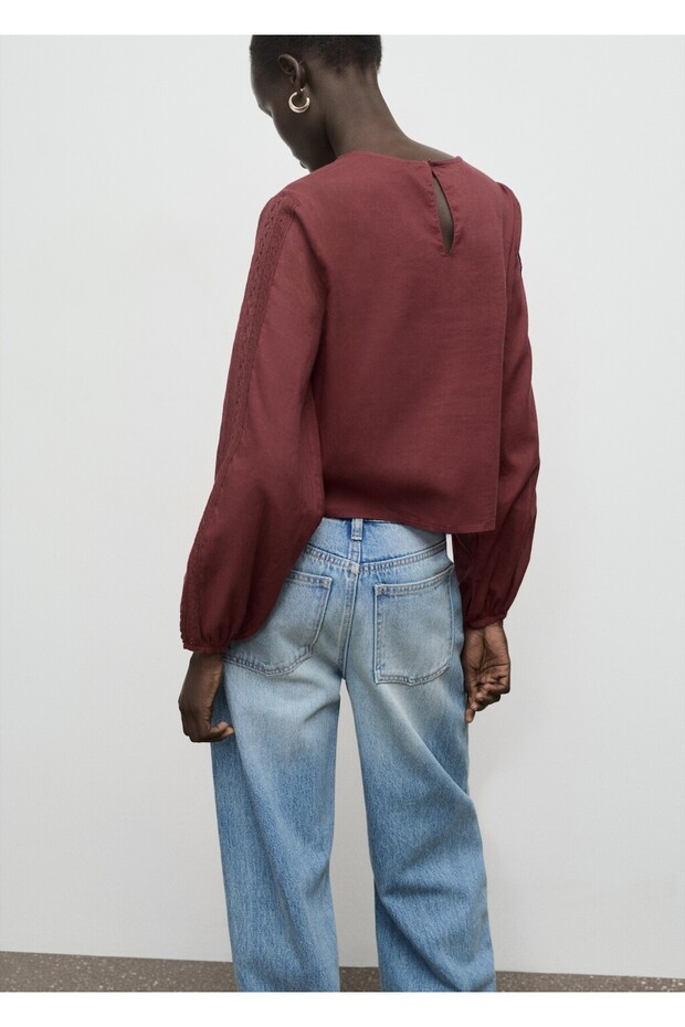 İşlemeli kabarık kollu bluz - 4