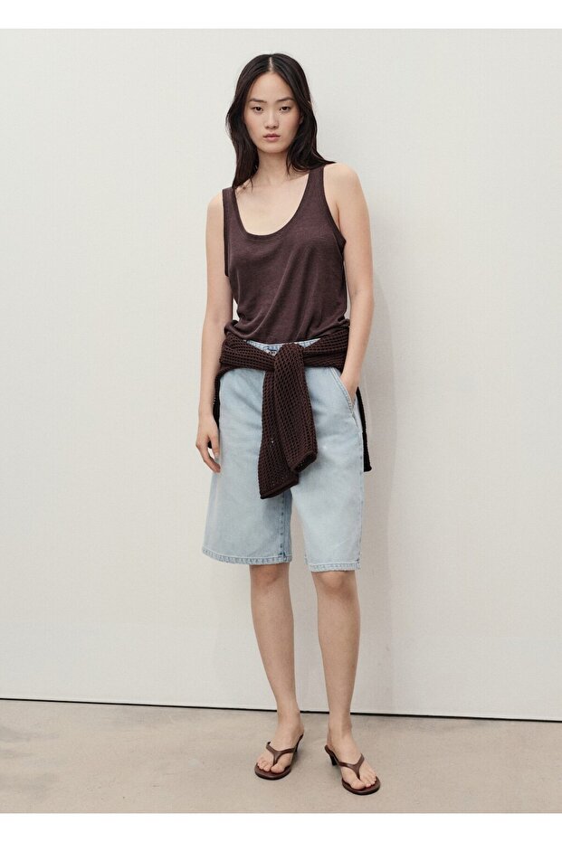 Düz denim Bermuda şort - 2