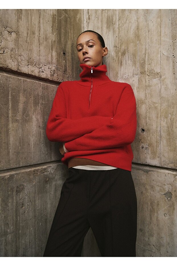 Kontrast yaka fermuarlı kazak - 1