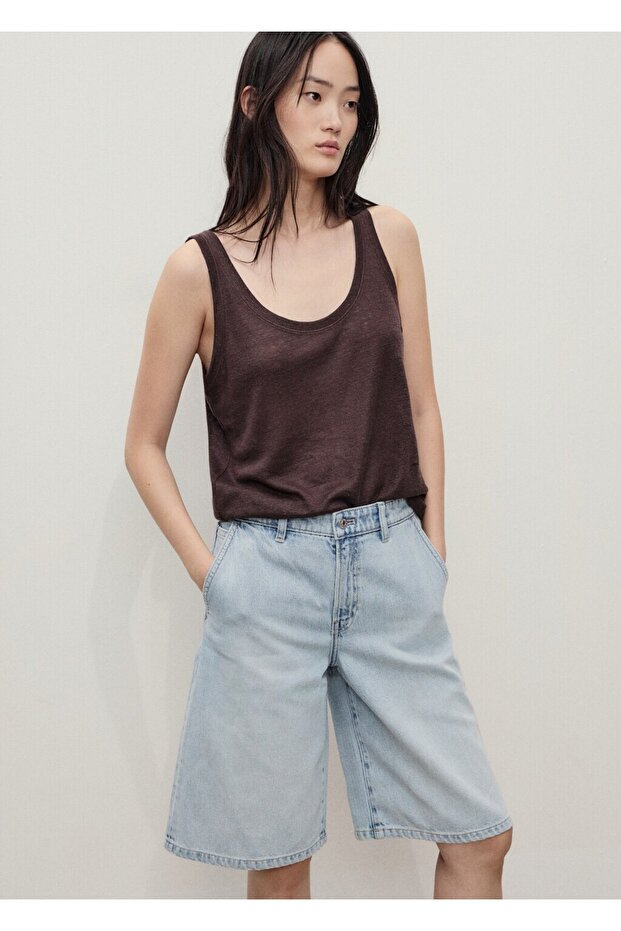 Düz denim Bermuda şort - 6