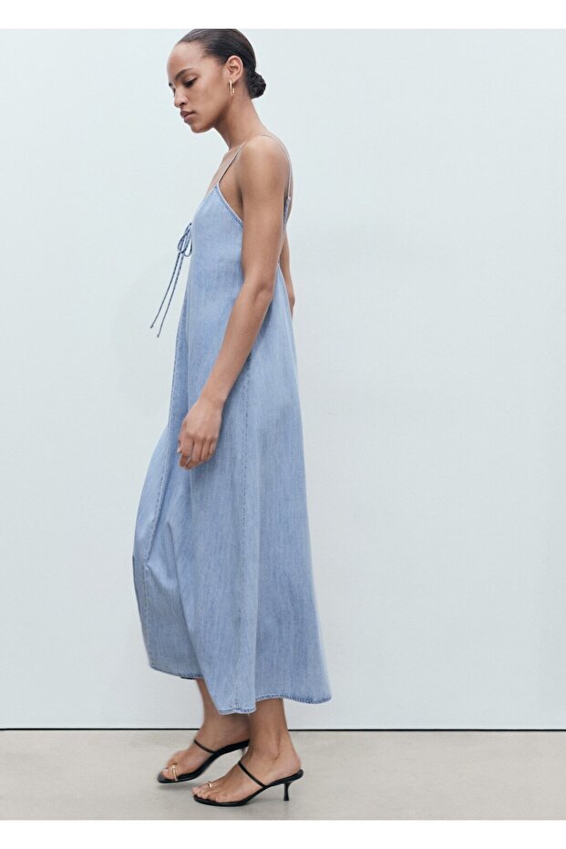 Askılı denim elbise - 8