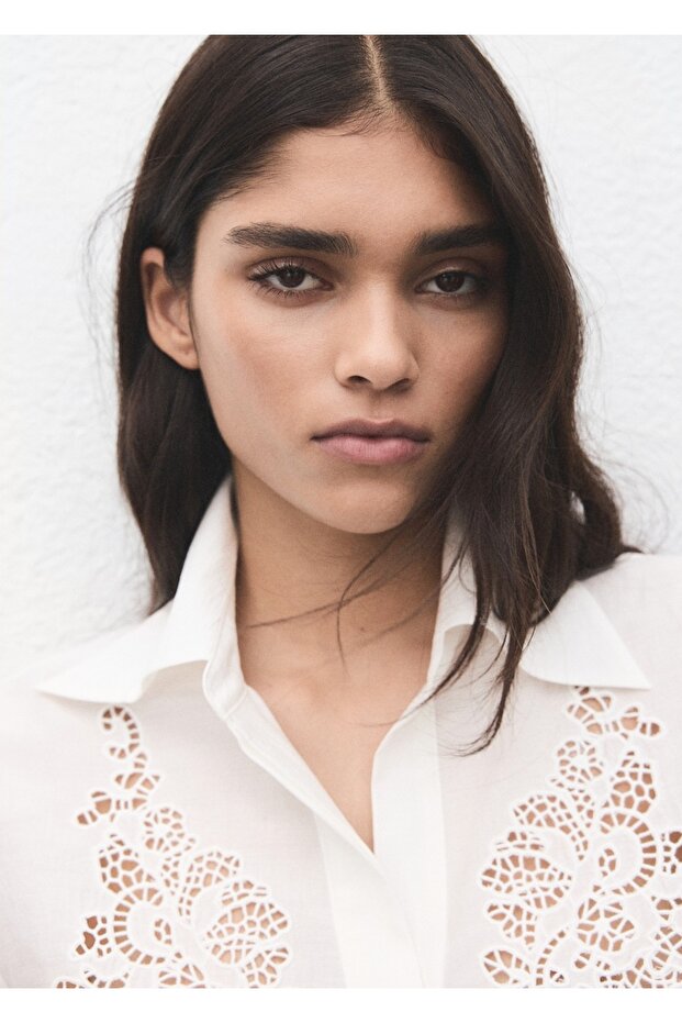 İşlemeli ajur örgü gömlek - 6